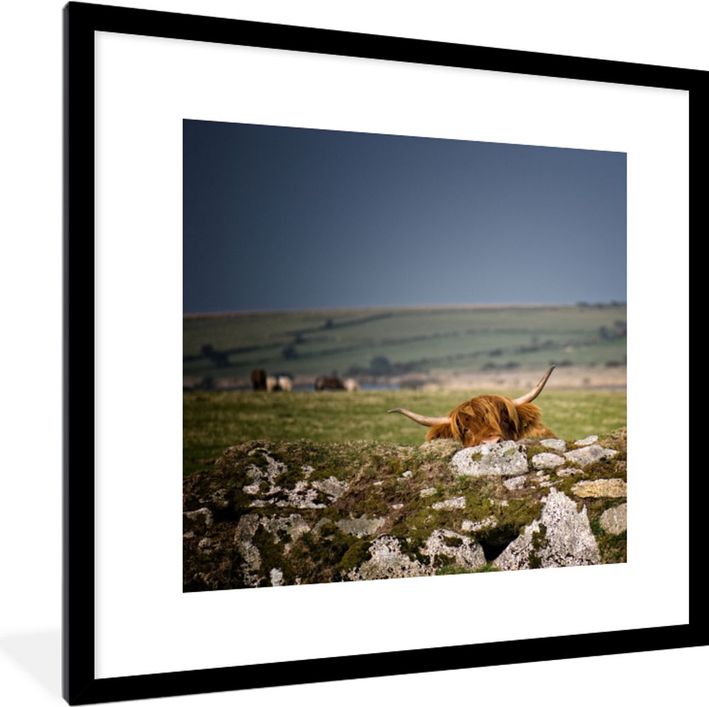 MuchoWow Gerahmtes Poster Schottische Highlander - Steine - Gras 40x40 cm - Poster mit Schwarzem Bilderrahmen Wandposter Rahmen Foto Bilder - Pos...