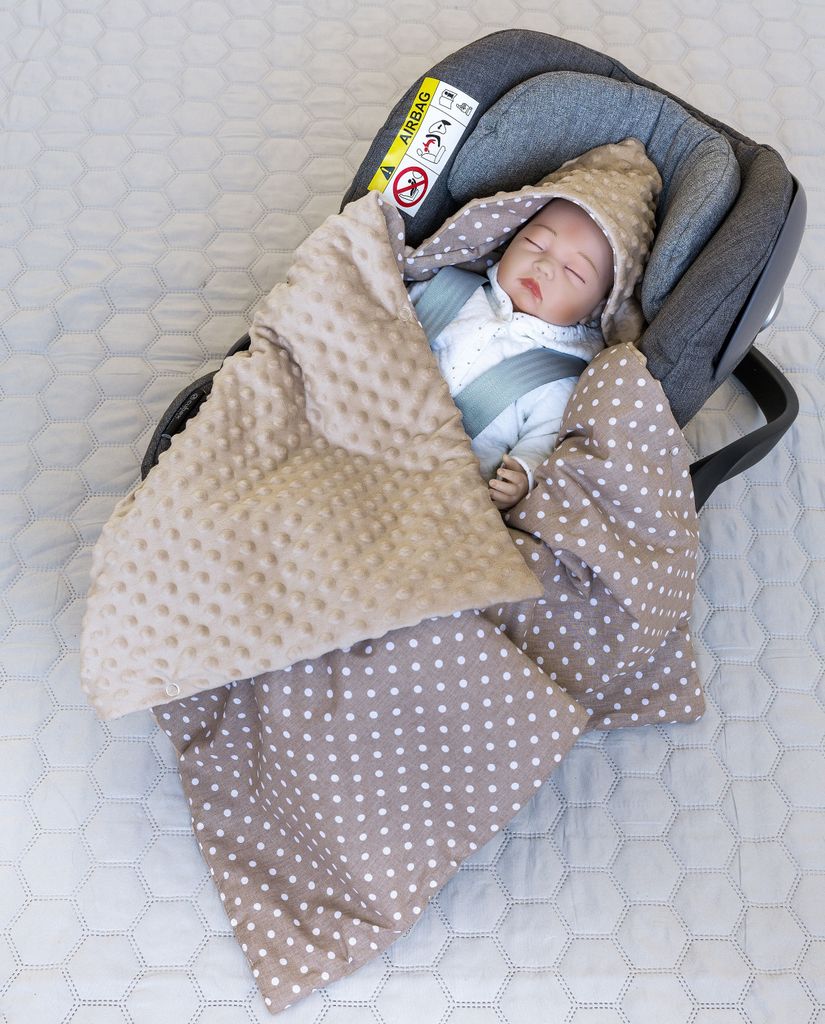 90 x 90 cm Einschlagdecke für Kinder Autositz und Babyschale Babytrage Kuscheldecke Kinderwagendecke Babydecke PREMIUM Geschenk - PUNKTE Taupe Braun