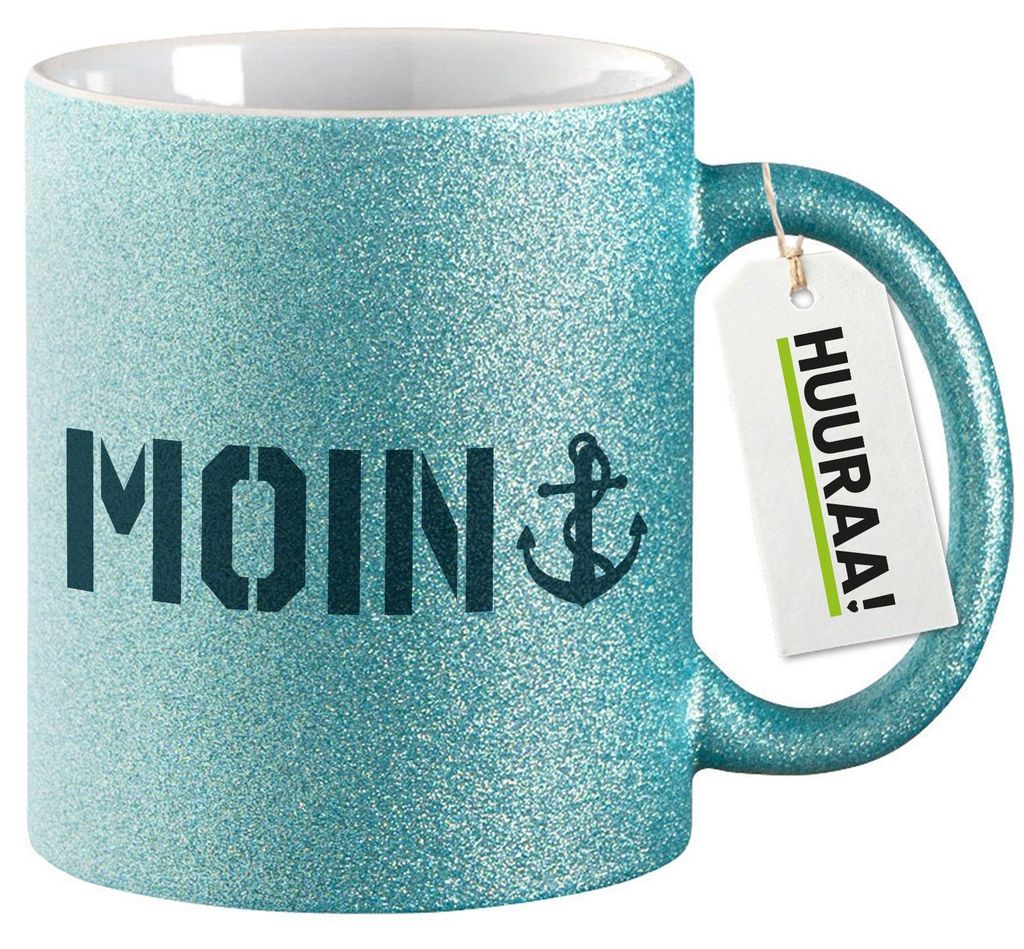 Huuraa Glitzertasse Moin Anker 330ml Blau Keramik Kaffeebecher Geschenkidee