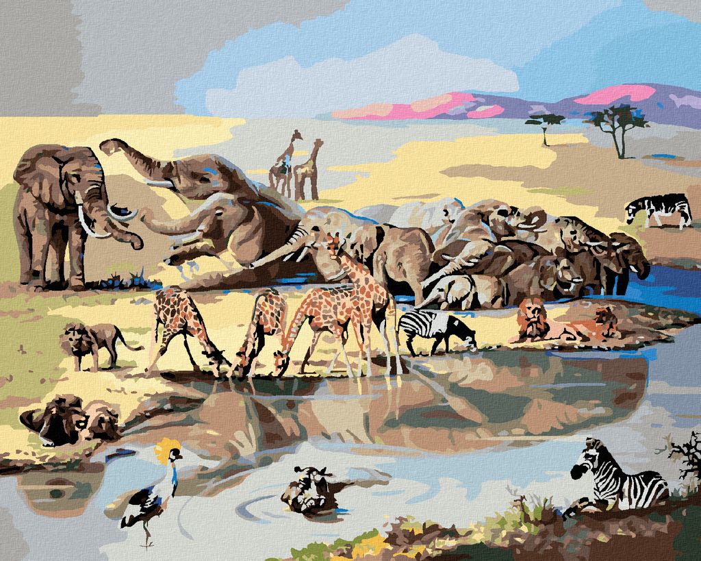 Zuty - Malen nach Zahlen - TIERE AN DER WASSERSTELLE 2 (D. RUSTY RUST), 40x50 cm, mit Keilrahmen (bereits gespannt)