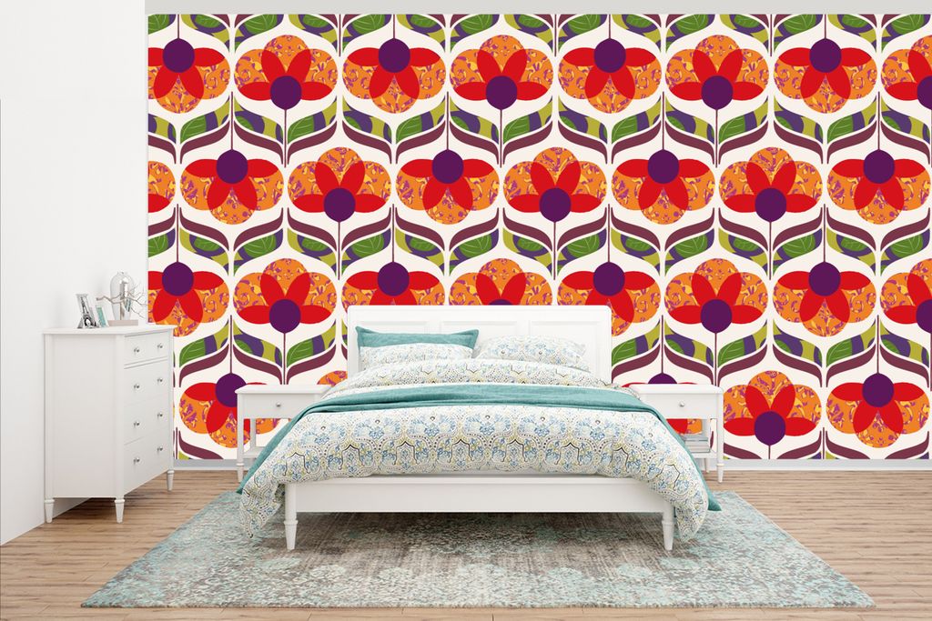 MuchoWow Fototapete für Wohnzimmer oder Schlafzimmer Wandtapete Vinyl Motivtapete Retro - Flower Power - Vintage - Farben - 395x220 cm - Tapezie...