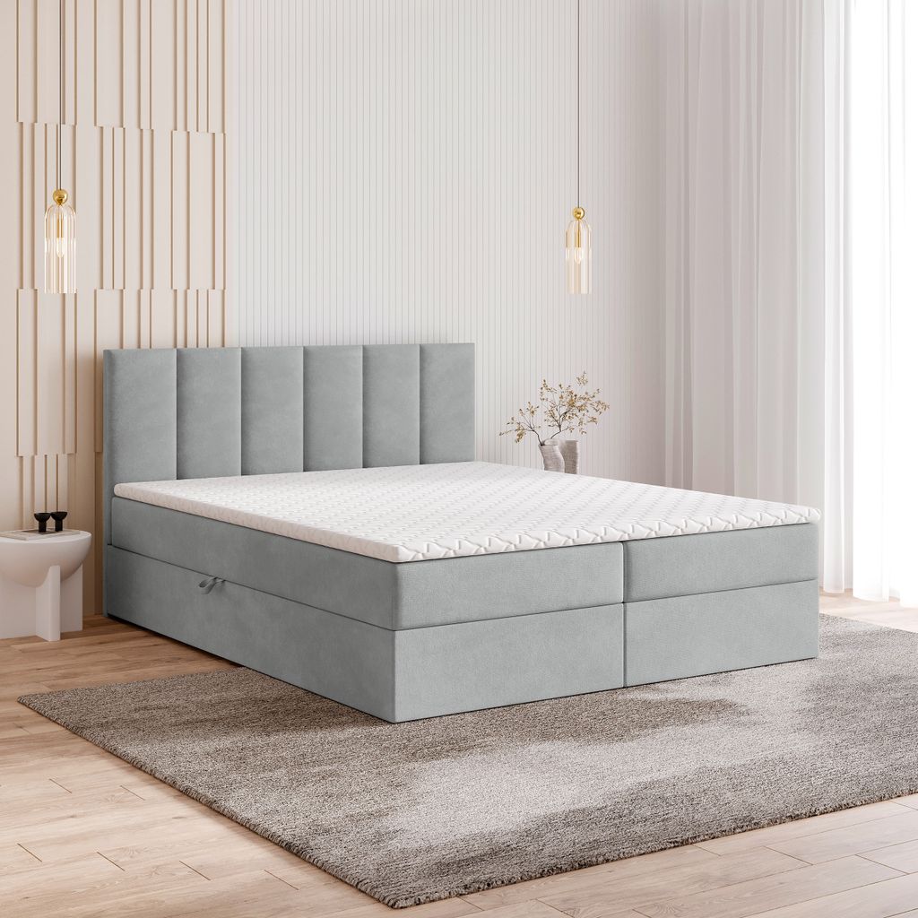 Masseno Boxspringbett MERIL 180x200 cm Komplett-Set mit Bonell Matratze und Topper, Polsterbett mit Bettkästen -Hellgrau, PAROS 05