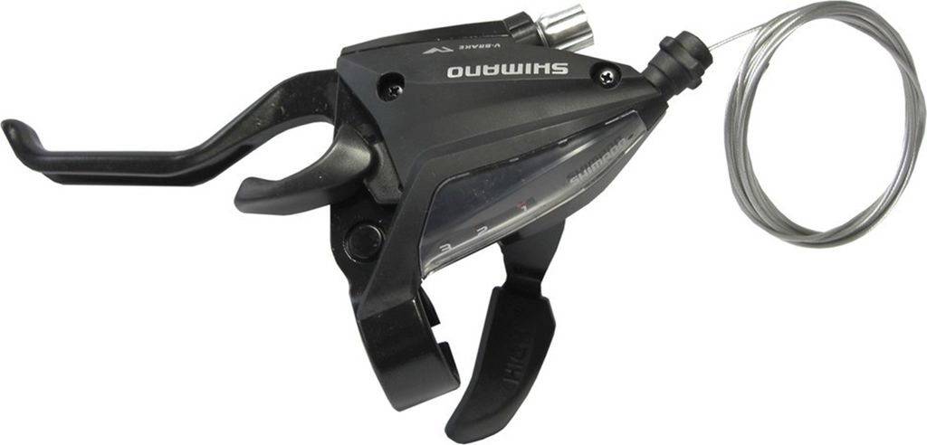 A black bicycle brake and gear lever with a silver cable.