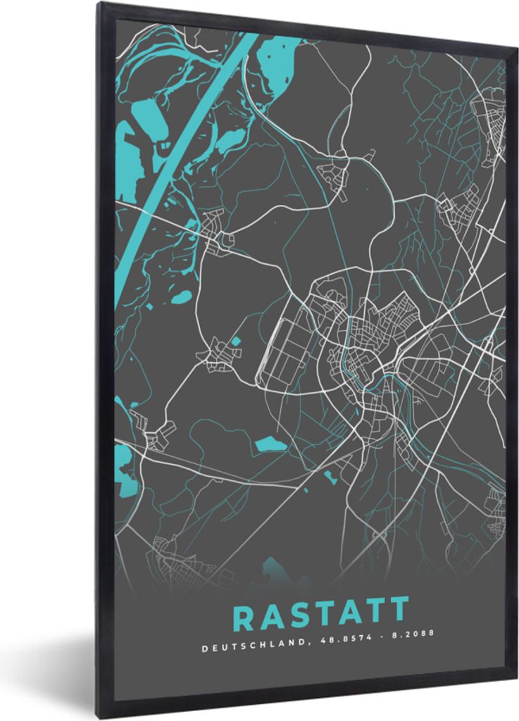 MuchoWow Gerahmtes Poster Blau - Deutschland - Karte - Stadtplan - Rastatt 60x90 cm - Poster mit Schwarzem Bilderrahmen Wandposter Rahmen Foto Bi...