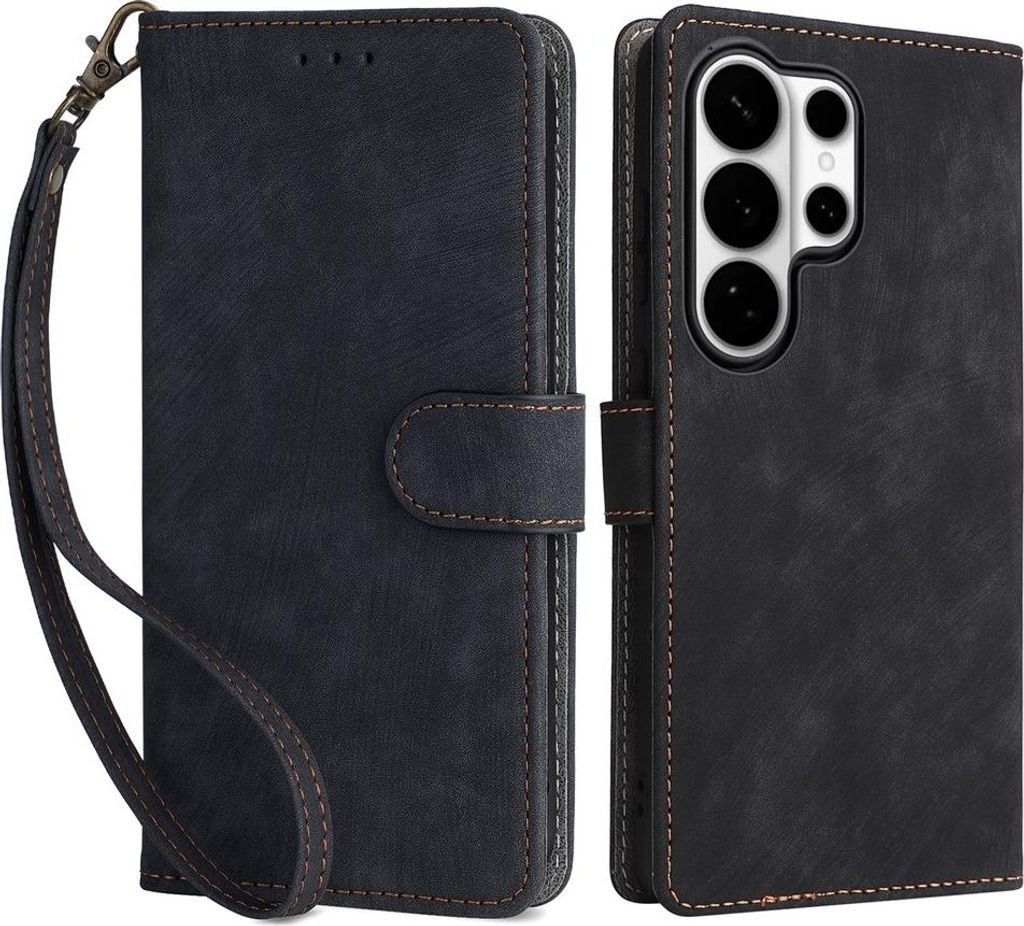 Hülle für Samsung Galaxy S26 Ultra - Phonesta Vintage Skin Book Wallet Klapphülle mit abnehmbarer Kordel - Schwarz