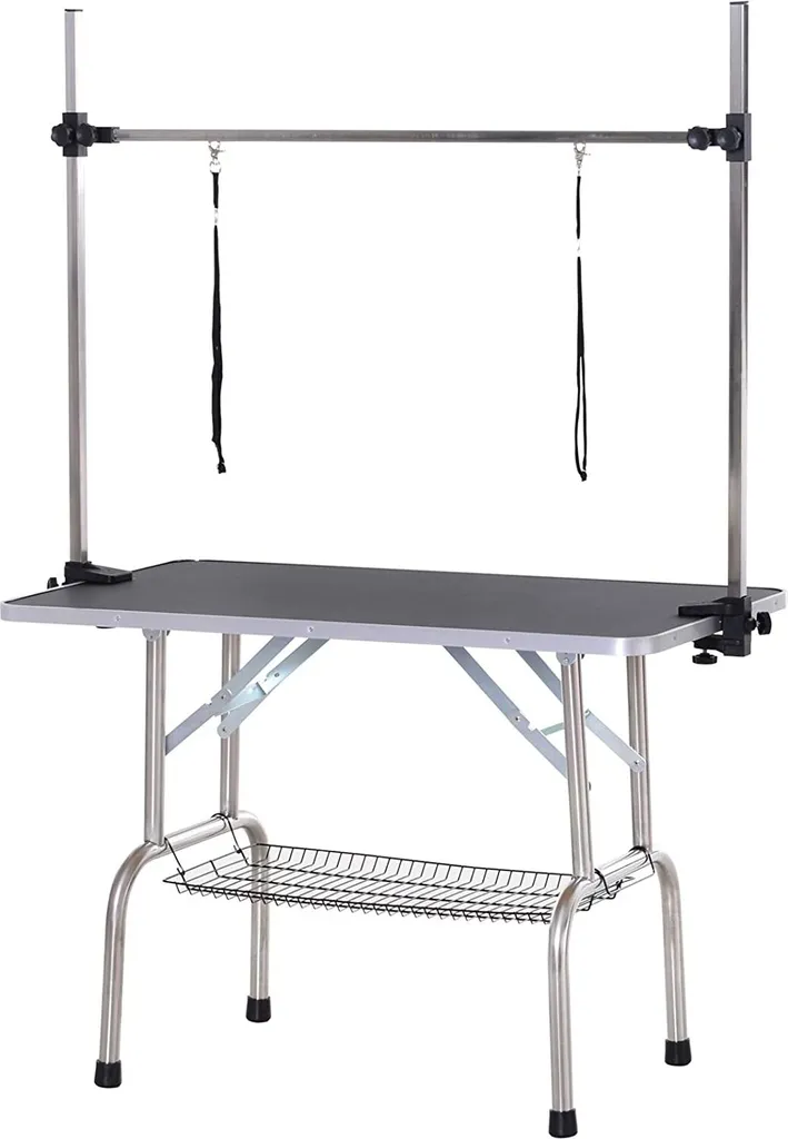 Table de Toilettage Pliante pour Chien en Acier Inox avec Rangement