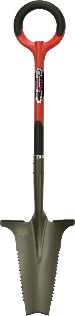 A shovel with a red handle and a green blade, isolated on a white background.