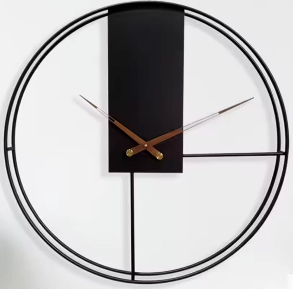 HSXL – Große minimalistische Wanduhr aus schwarzem Metall – 60 cm – schwarze Uhr mit Holzzeigern