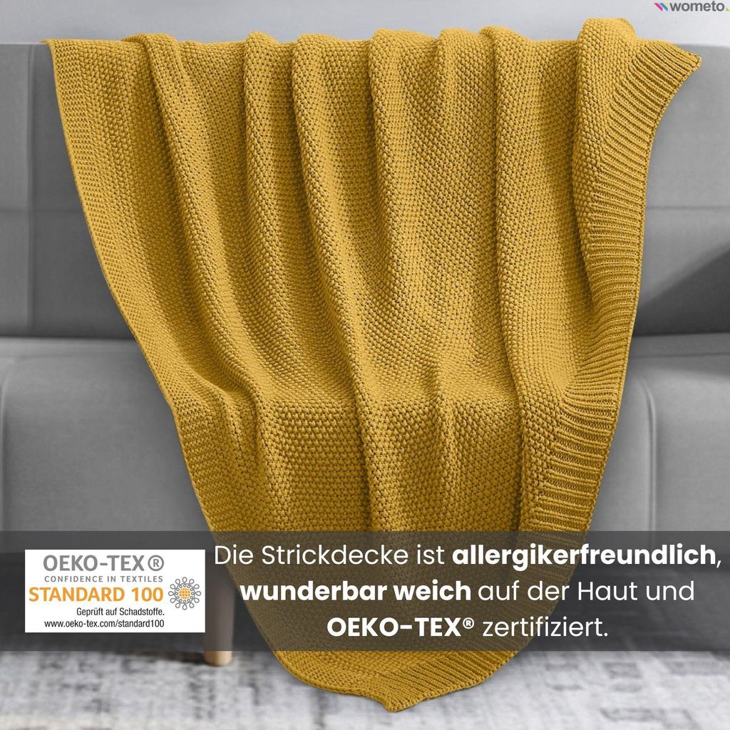Kuscheldecke Strick OEKO-TEX 140x190 gelb senfgelb curry