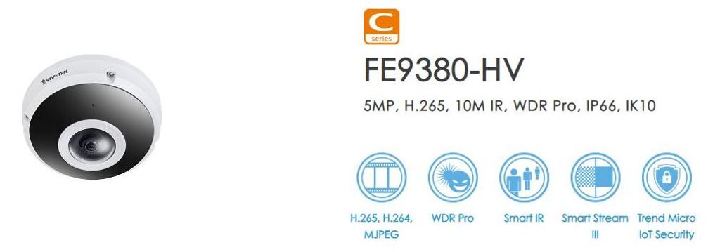 VIVOTEK C-SERIE FE9380-HV Fisheye IP Kamera 5MP, Outdoor, 1,16mm, 360°, IR, PoE