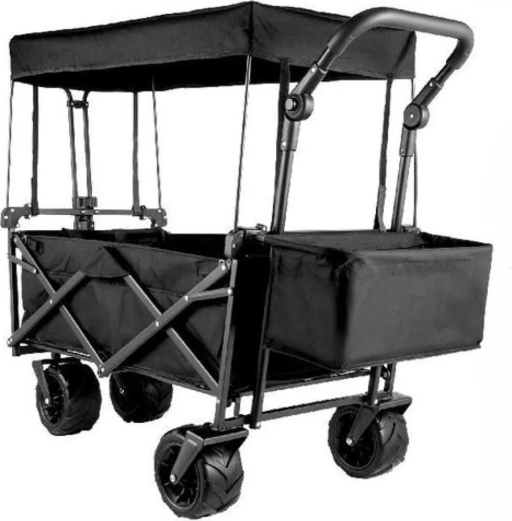 Bollerwagen pliable noir avec toit et pneus tout-terrain renforcés
