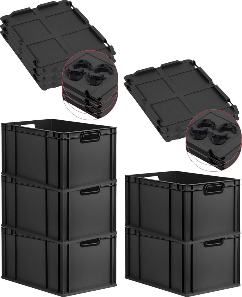 SparSet 5x Eurobox NextGen Color mit Auflagedeckel und Schiebeschnappverschlüsse | HxBxT 32x40x60cm | 65 Liter | Schwarz | Griffe schwarz offen | ...