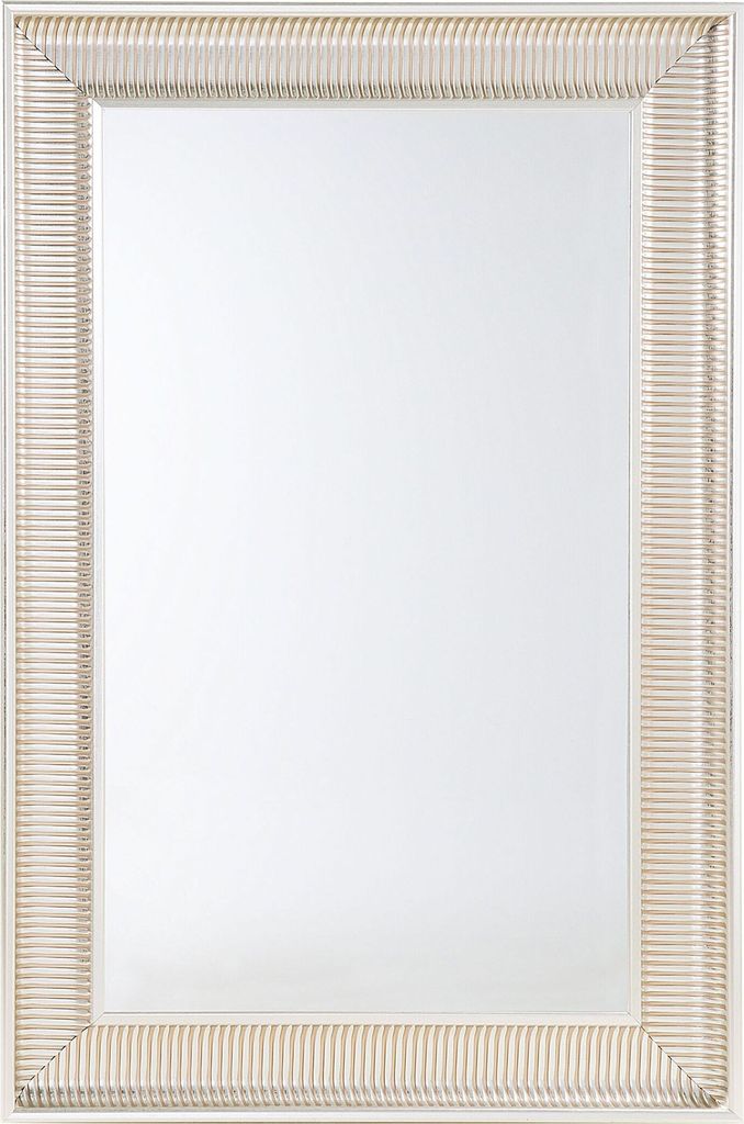 A rectangular mirror with a decorative frame.
