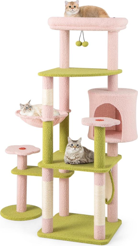 GOPLUS 148 cm Katzenbaum, Kratzbaum mit Sisal-Kratzpfosten, Rundkorb, Abnehmbare Aussichtsplattform, Rosa+Grün