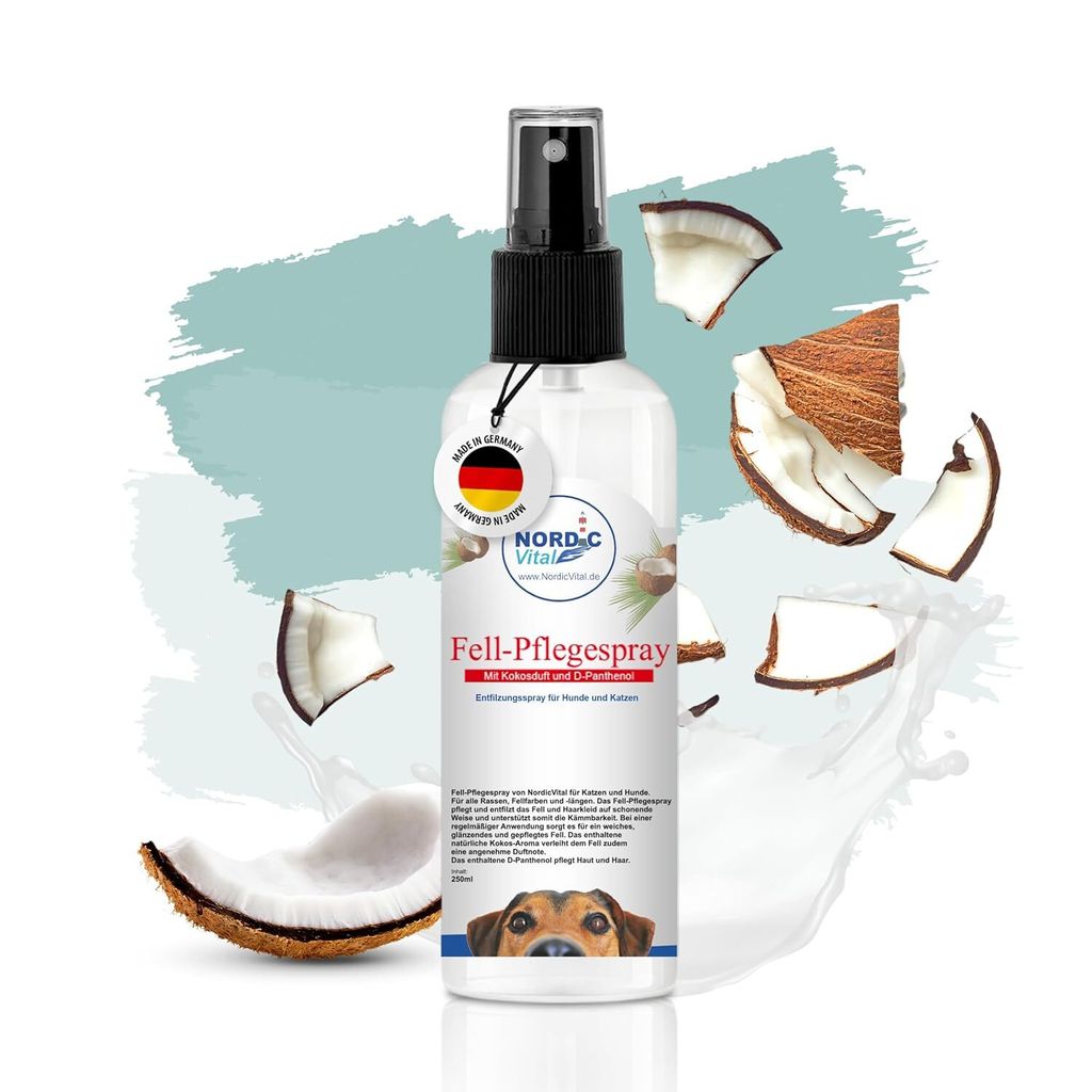 Kokos Fellpflege Spray Hund & Katze 250ml – Sanftes Entfilzungsspray für Haut/Fell - Verbessert Kämmbarkeit mit Kokosduft