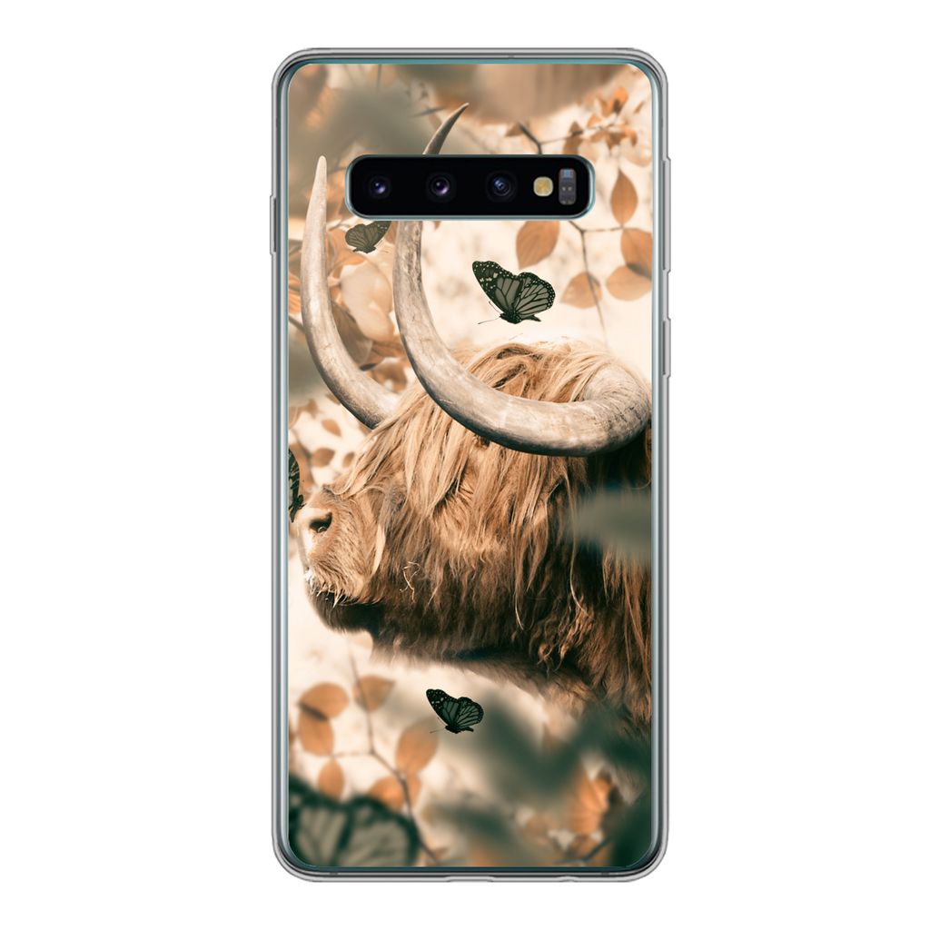 MuchoWow Handyhülle Schutzhülle Hülle für Samsung Galaxy S10 Schottische Highlander - Schmetterlinge - Blätter Silikon Softcase Handy Hülle...