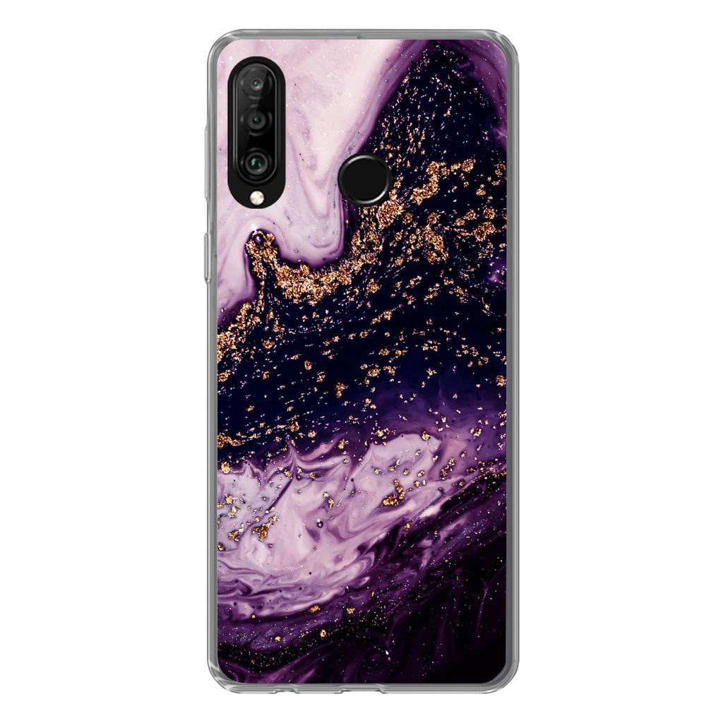 MuchoWow Handyhülle Schutzhülle Hülle für Huawei P30 Lite Marmor - Gold - Naturstein Silikon Softcase Handy Hülle - Handyhülle