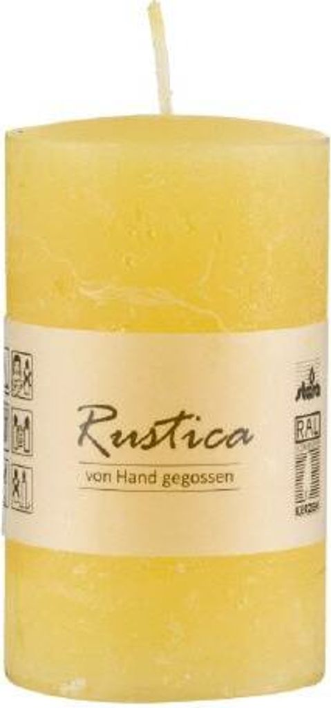 Rustikale durchgefärbte Kerze Gelb, 80 x 60 mm, Stumpenkerze, rußarm, tropffrei, RAL Kerzengüte Qualität