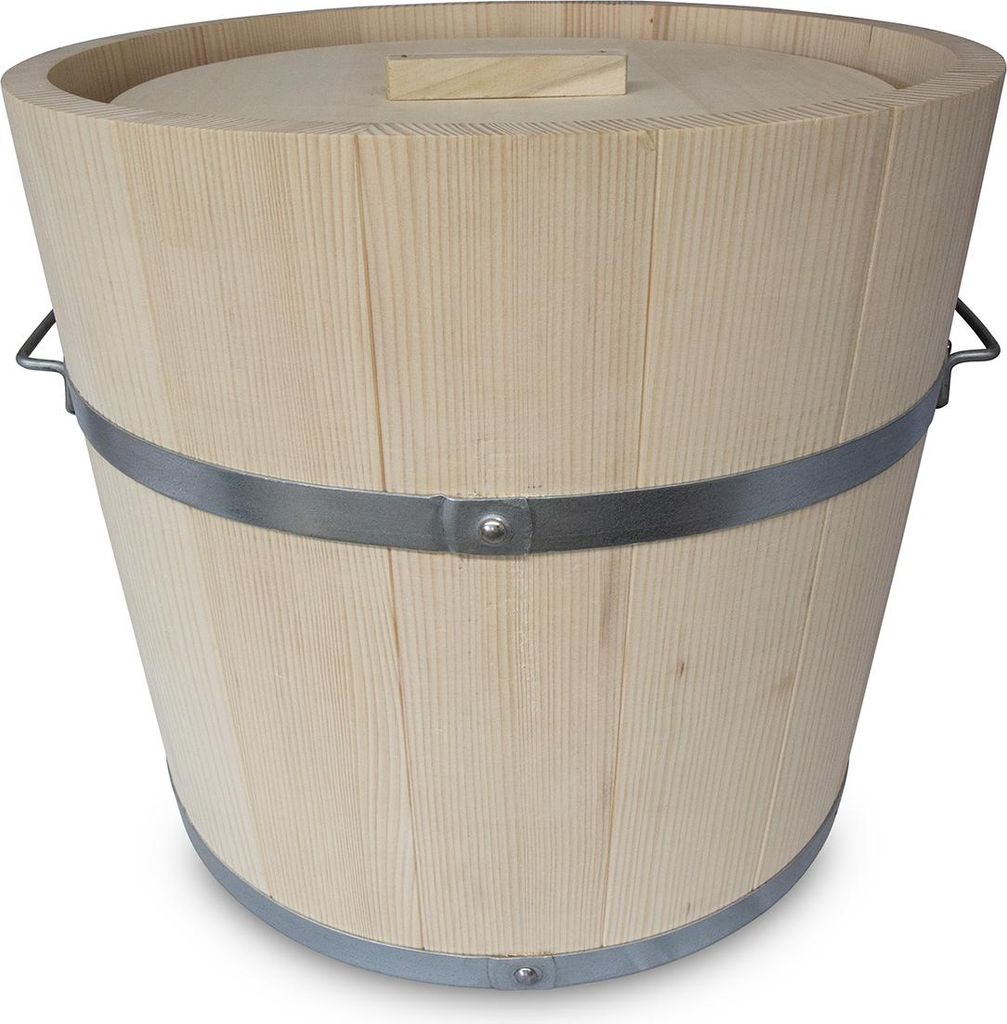 KERAZO 25L Holz Gäreimer mit Pressdeckel, Haltegriffen, Metallumreifung - Holzfass zum Fermentieren von Sauerkraut und Gurke, Weißtanne