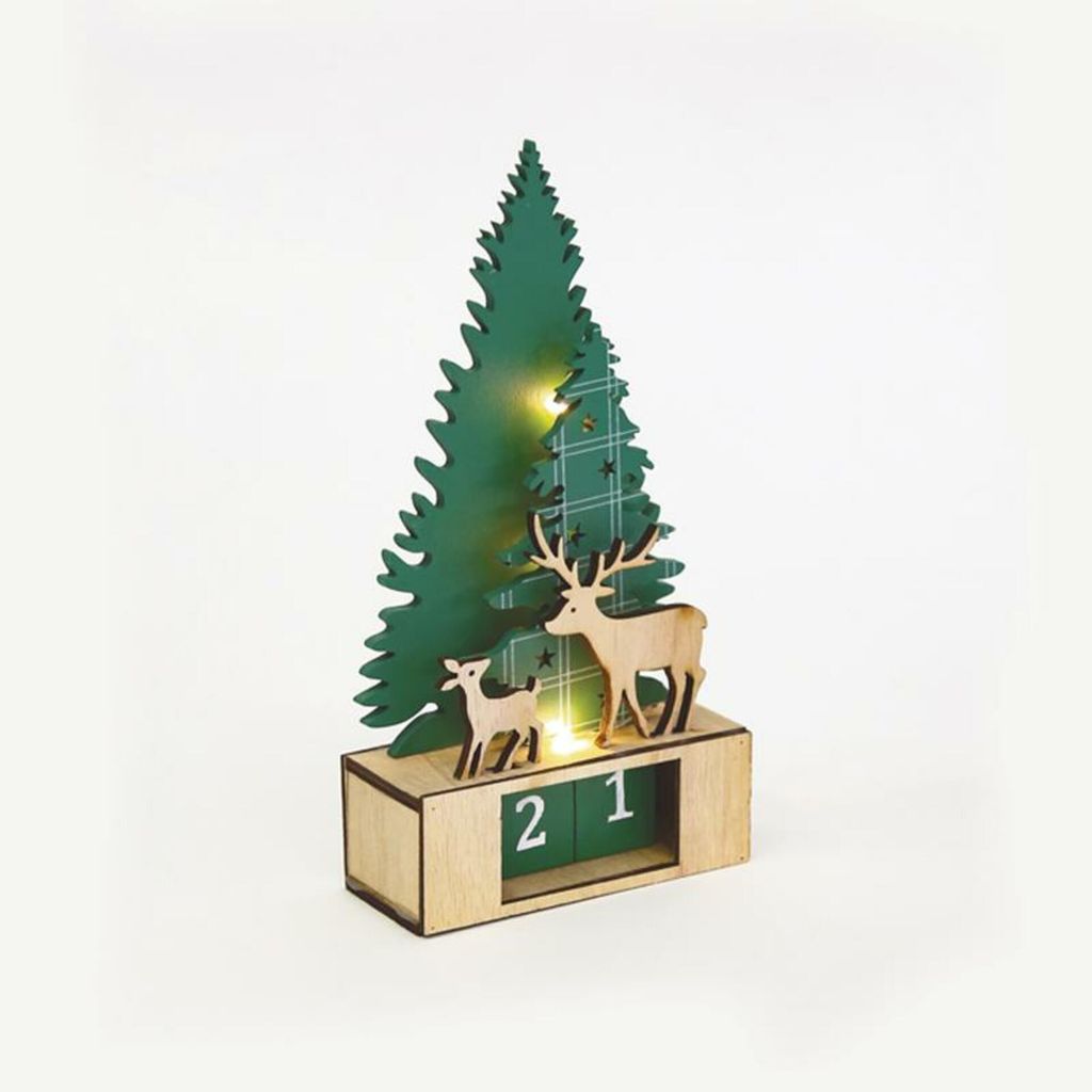 ACA Beleuchteter grüner Holzbaum, 3 LEDs, batteriebetrieben (1 x CR2032), Schutzart IP20, 12 x 5,5 x 23,5 cm, X0731627