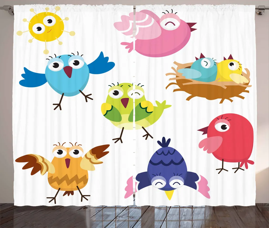 Rideau à ruban froncé avec oiseaux pour chambre, 280x225 cm Coloré
