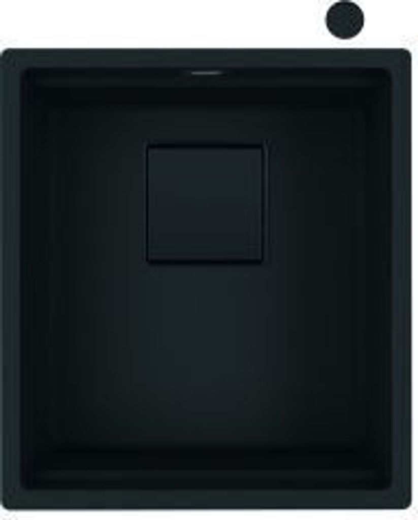 A top-down view of a black sink with a square drain cover in the center.