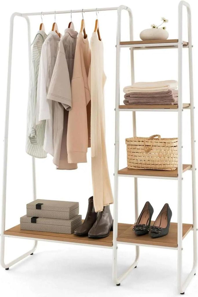 Kleiderständer aus Metall - Freistehender Garderobenständer - 4 Ablagen - Offenes Design - Kleiderstange - Stauraum - Khaki