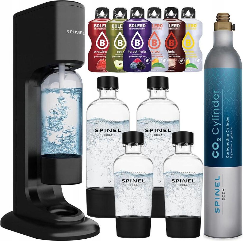 SpinelSoda BubbleON Wassersprudler + SpinelSoda Black 4 Flaschen, 500ml/1L + Bolero