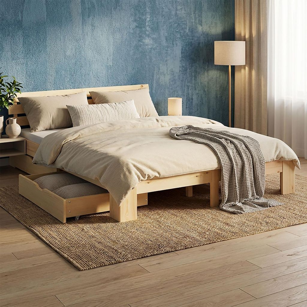 Homestyle4u Holzbett 180x200 Doppelbett mit 2 Bettkästen Natur Kiefer Massivholz