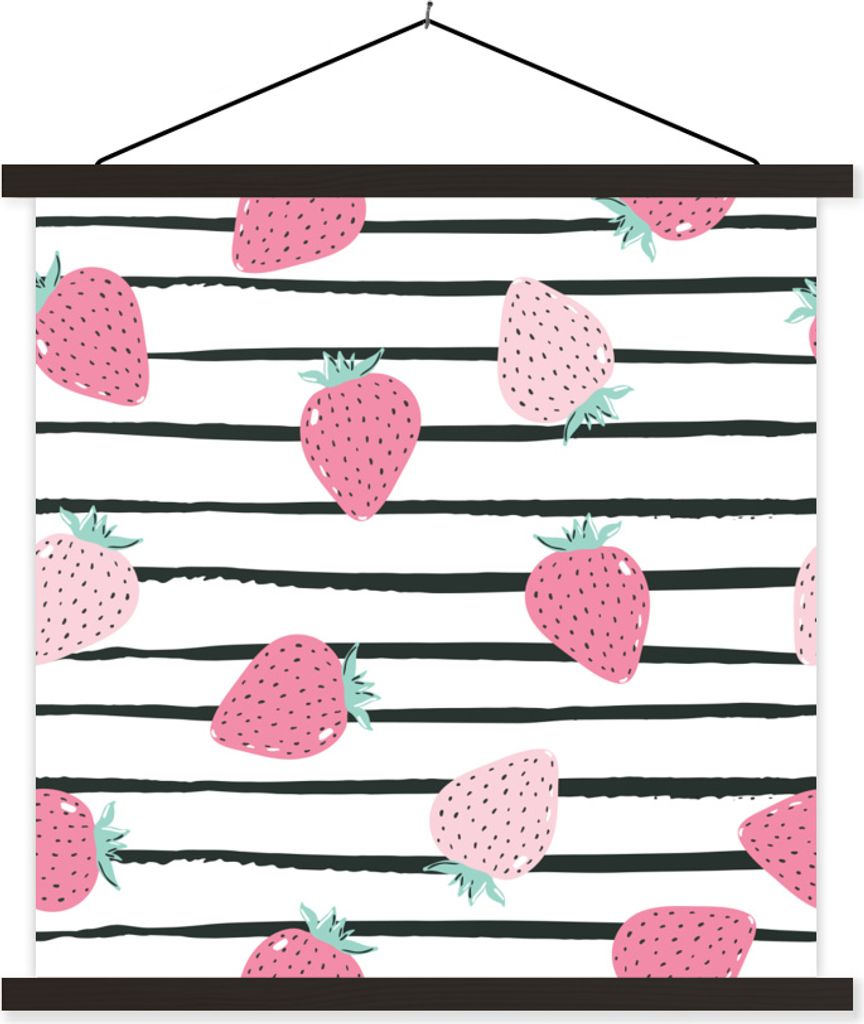 MuchoWow Textilposter Sommerlich - Erdbeeren - Rosa - Streifen 90x90 cm mit schwarzem Rahmen - Magnetisches