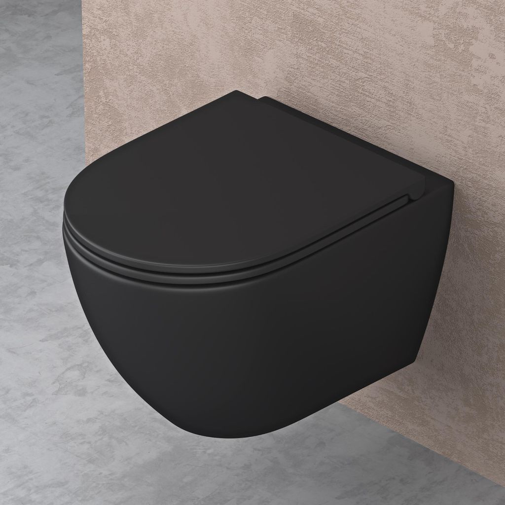 A black wall-mounted toilet is shown in a bathroom setting with concrete and beige textured walls.