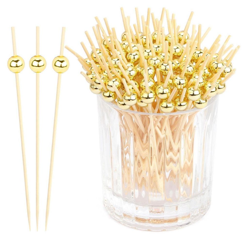 Houten cocktailprikkers met gouden kralen, 4,7 inch lang, Productafbeelding 