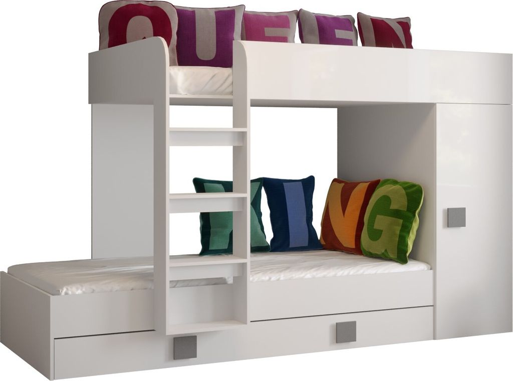 Etagenbett für Kinder Toledo 2 Stockbett mit Treppe und Bettkasten (Weiß + Weiß Glanz + graue Griffe)
