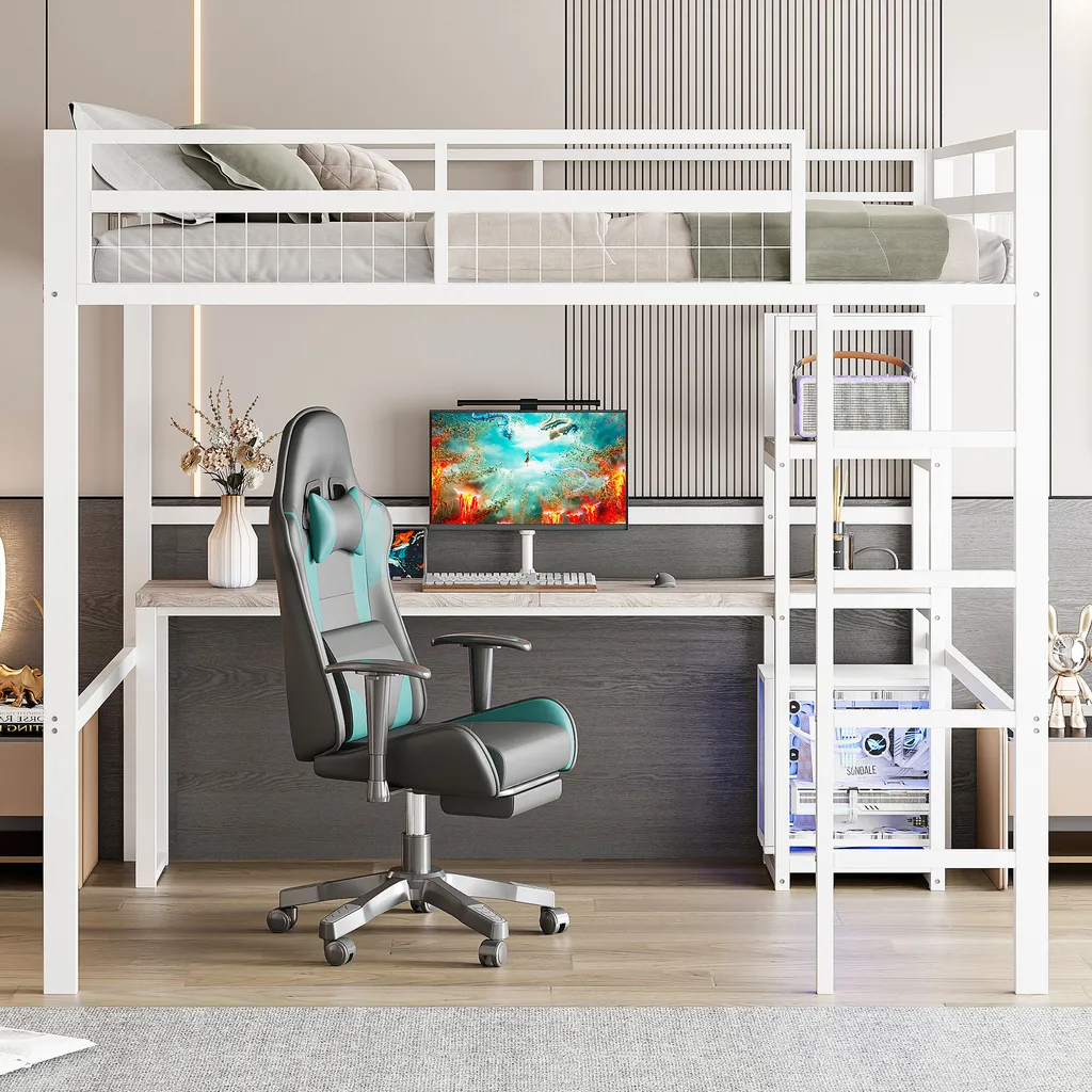 Lit mezzanine 140x200cm avec bureau en métal blanc et prises électriques