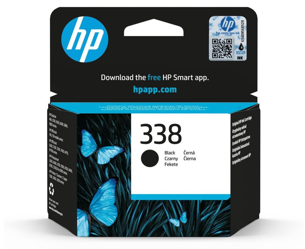 The image shows the packaging of an HP 338 black ink cartridge. The packaging features the HP logo, product number, and information about downloading the HP Smart app. It also has an image of blue butterflies and grass.