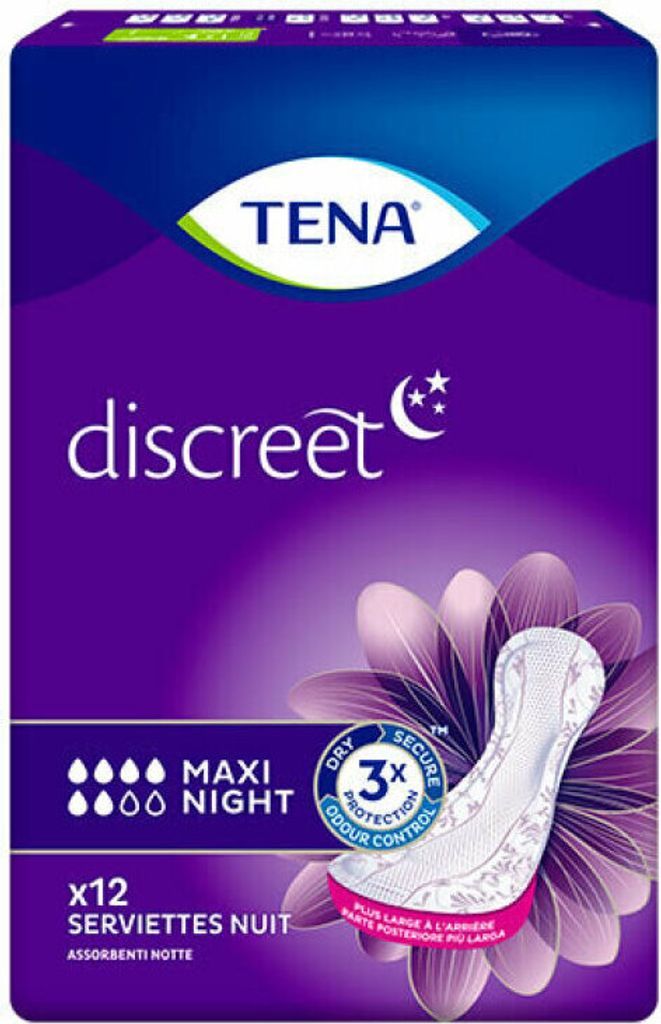 A product package for Tena Discreet Maxi Night sanitary pads.