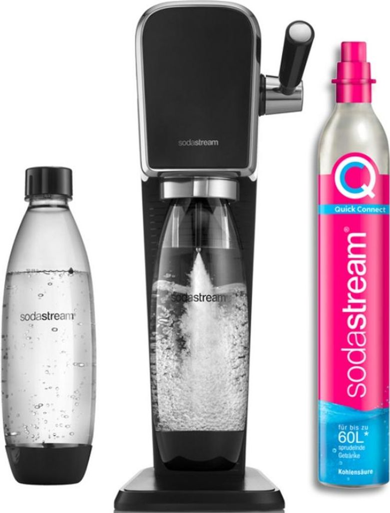 A SodaStream machine with a bottle and a CO2 cylinder.