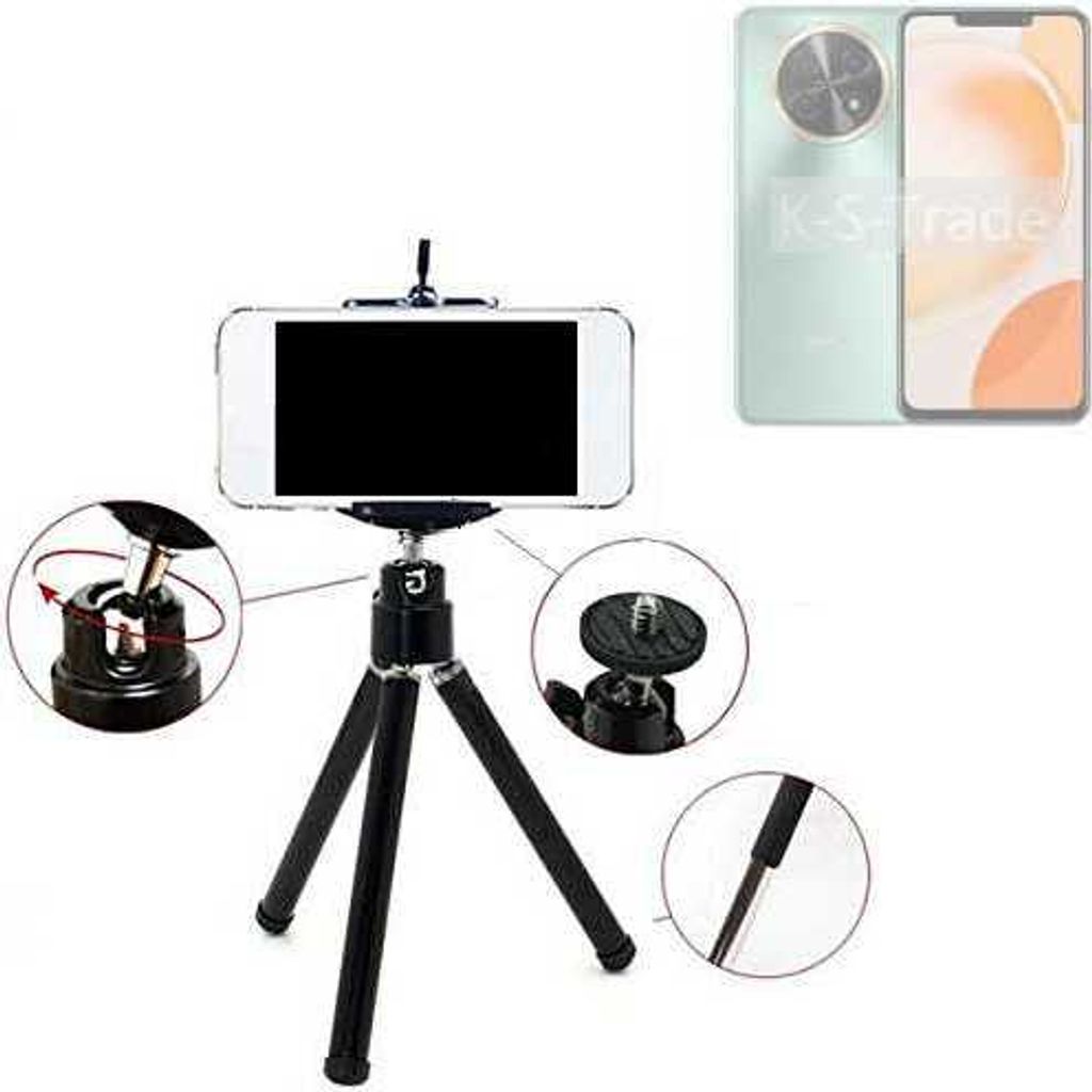 K-S-Trade Smartphone Stativ Dreibein kompatibel mit Huawei Enjoy 60X Tripod aus Aluminium Klemmstativ Stativ Adapter für Mobiltelefone schwarz 1x