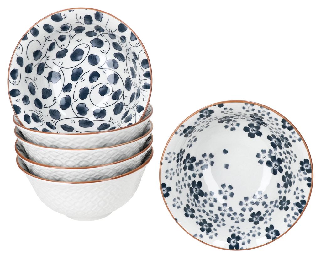 6x Totto Müslischale Ø16cm Blau Weiß Steingut Relief Bowl Dessert