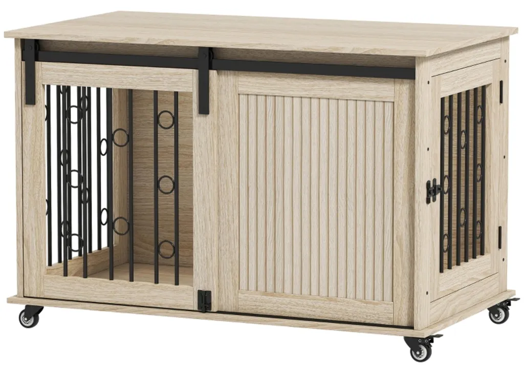 Cage chien bois et métal 100 cm avec porte coulissante gain de place