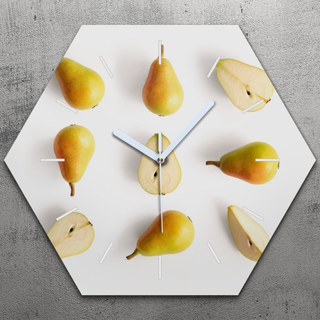 Uhr hexagonal 40 cm Glas Geräuschlos weiße Zeiger - Farbige Früchte