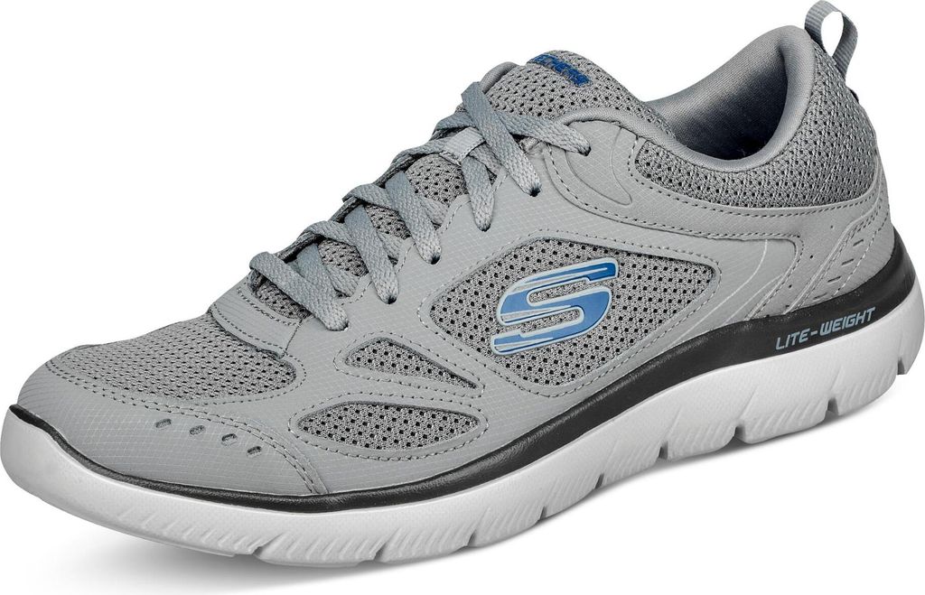 A single gray Skechers shoe is shown against a white background.