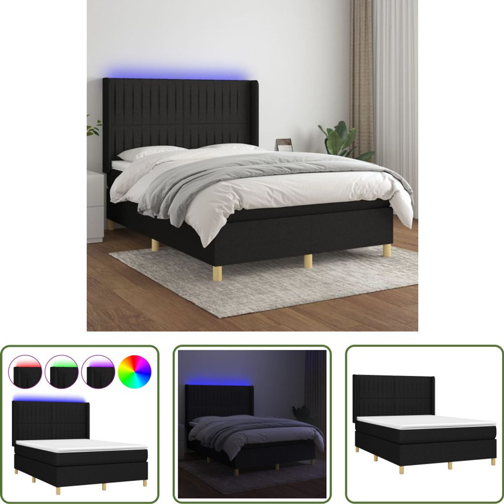 The Living Store Boxspringbett mit Matratze & LED Schwarz 140x190 cm Stoff