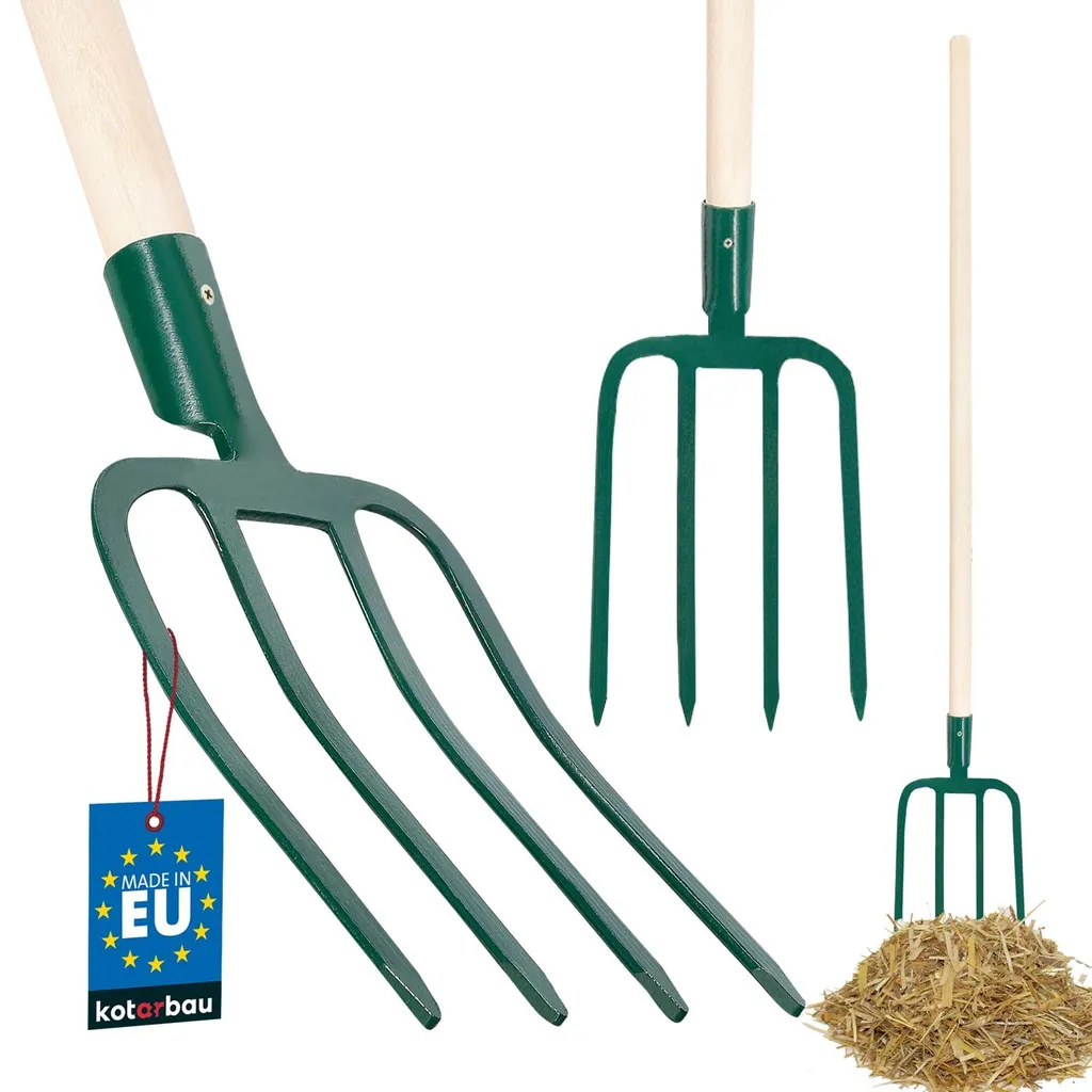 KOTARBAU® Forca in acciaio con 4 rebbi piatti Nero per giardinaggio Forca per letame Forca per letame