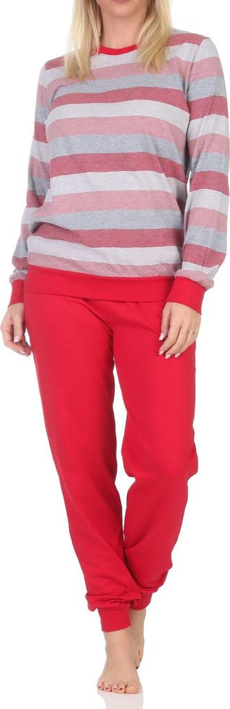 Damen Schlafanzug langarm mit Bündchen Pyjama in Blockstreifenoptik - auch in Übergrössen ; rosa , 36