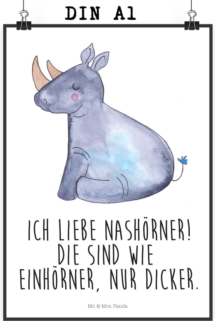 Mr. & Mrs. Panda Bild Einhorn Nashorn DIN A1 - Weiß - Geschenk, drucke, wanddeko, Unicorn, Wandbild, Nashörner, Regenbogen, Glitzer, Zoo, Posterd...