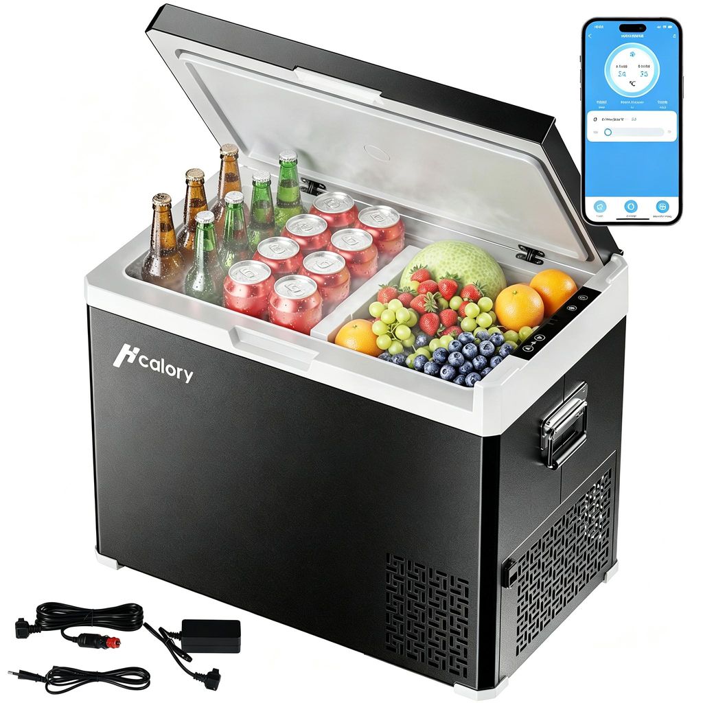 HCALORY 50L Kompressor Kühlbox Dualzone -20°C bis 20°C,12/24/230V Elektrische Kühlbox mit Trennwand, Mobiler Camping kühlschrank, mit App-Steu...
