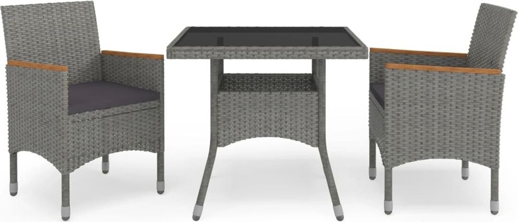 3-tlg. Garten-Essgruppe Grau Poly Rattan und Akazienholz