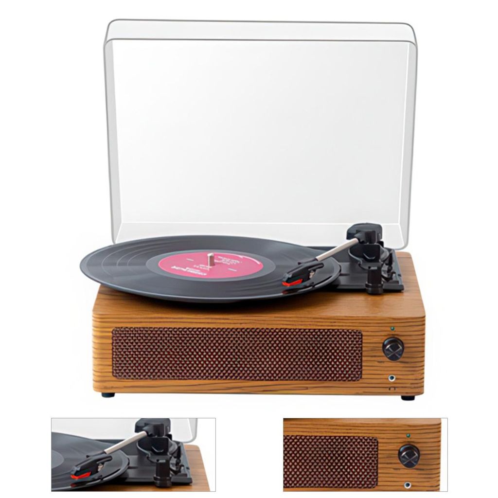 Plattenspieler mit eingebauten Stereo-Lautsprechern, 3 Geschwindigkeiten (33/45/78 U/min), Bluetooth, RCA-Ausgang und AUX-Eingang, in Walnussbraun