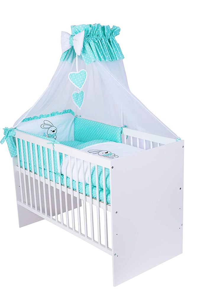 Babybett mit 10-tlg Komplett-Set Bettwäsche umbaubar zum Juniorbett Teddy blau 